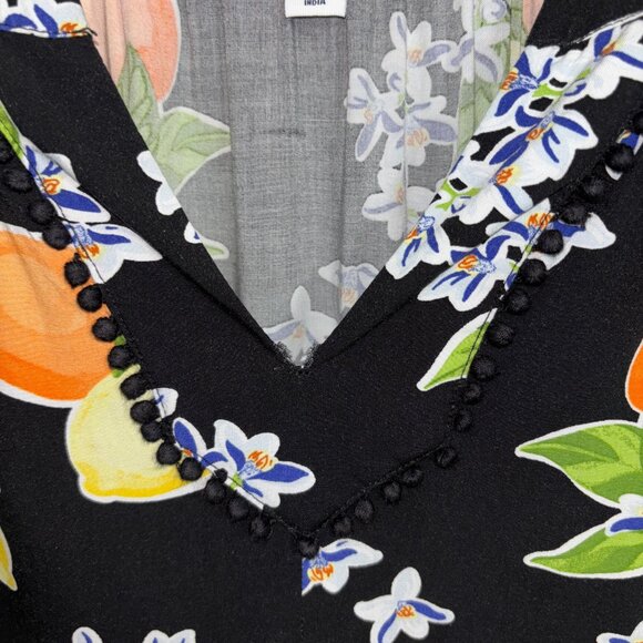 Crown & Ivy XL Black Citrus Lemons Oranges Boho Dress Pom Trim Crochet Rayon - Picture 9 of 15